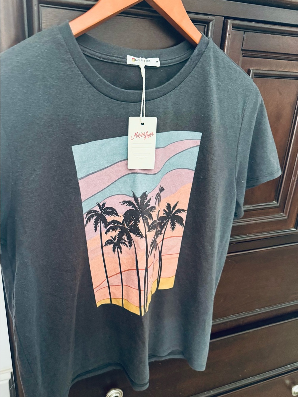 Marine Layer Black Tee with Pastel Sunset Palm Print